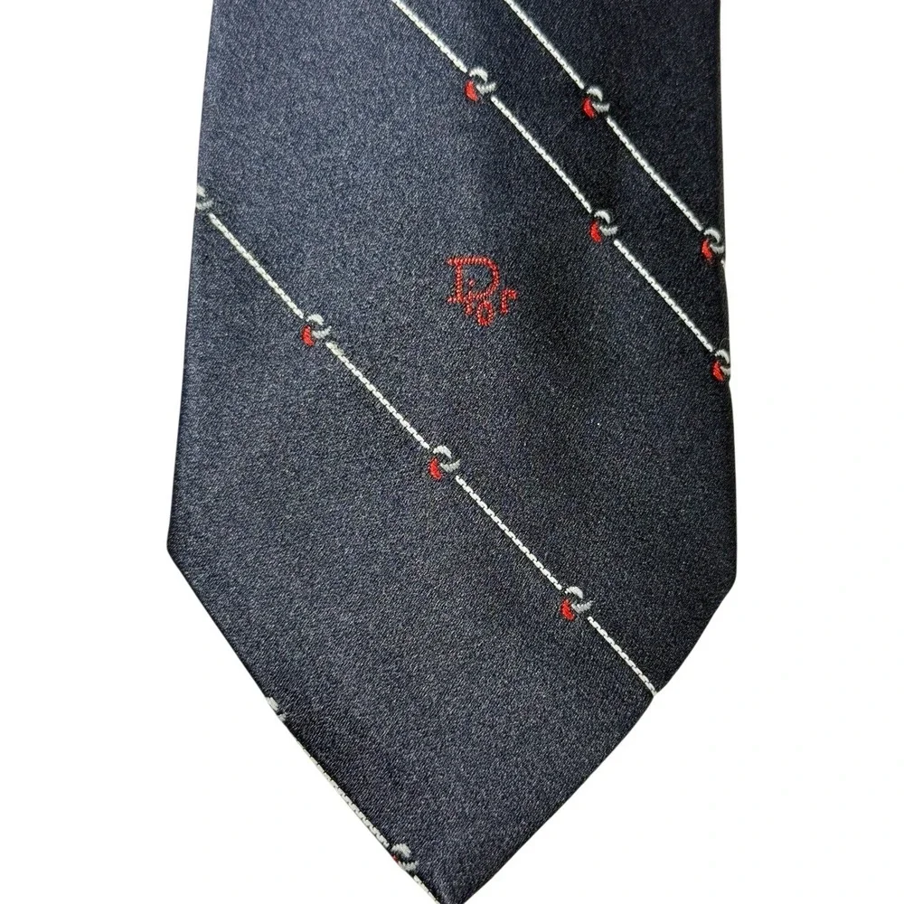 Vintage Christian Dior Mens Tie, Blue w/ White Line Stripes, Dior Logo Center